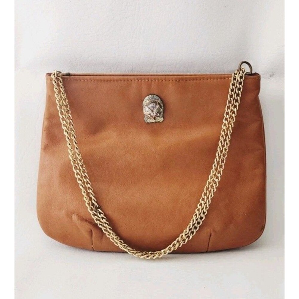 Vintage Ruth Saltz Purse Handbag Owl Head Cognac Leather Double Chain Strap